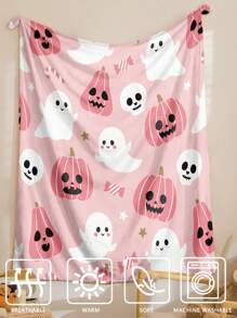 1pc Polyester Pumpkin & Ghost Multicolor Digital Flannel Blanket - Multicolor - View 5