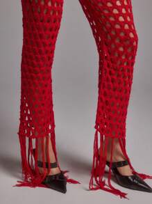 SHEINNeu Bộ quần và áo dệt kim màu trơn có viền khoét gợi cảm dành cho nữ, mùa hè - Đỏ - Xem 6