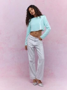 MISSGUIDED Y2K Futuristic Sequined Round Neck Full Sleeves Top