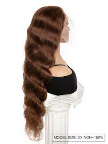 巧克力棕色蕾丝前部无胶人发波浪假发，13x4 透明蕾丝前部假发卷发人发假发，适合女性，已拔出自然发际线 - S4 - 查看 4