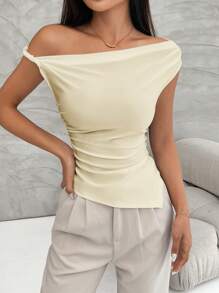 Firerie 女士休闲不对称肩部褶皱下摆夏季 T 恤