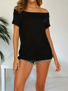 INAWLY Ladies' Solid Color Off Shoulder Short Sleeve T-Shirt - Black - View 4