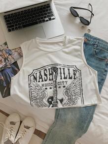 Comfortcana Top de tirantes sin mangas de estilo boxeado y corto con estampado de festival de música para mujer