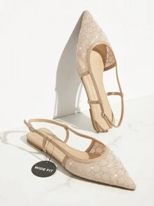 SHUZIA Giày đế bằng lưới đính đá mũi nhọn hở lưng cho ngày lễ năm mới Quà tặng ngày lễ tình nhân Giày mùa hè cho ngày lễ tình nhân - Màu be - Xem 3