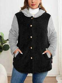 EMERY ROSE 加大码彩色块纽扣前口袋蓬松连帽羊毛绒毛夹克，适合秋冬季 - 彩色 - 查看 1