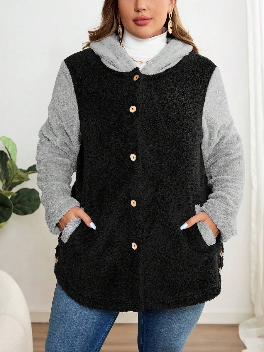 EMERY ROSE 加大码彩色块纽扣前口袋蓬松连帽羊毛绒毛夹克，适合秋冬季 - 彩色 - 查看 1