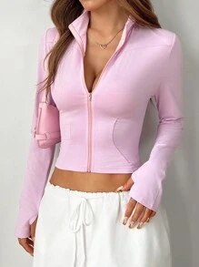 SHEIN EZwear 女士夏季休闲纯色立领短款防晒夹克 - 粉色 - 查看 6