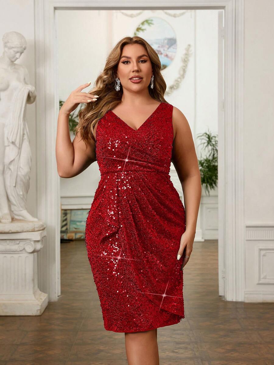 SHEIN Belle Plus Size Oversized Emerald V-Neck Sequined Asymmetrical Wrap Elegant Party Dress, Cocktail Semi Formal Prom Dress, For Birthday, Wedding Guest, Graduation, Dinner, Homecoming - Red - View 1
