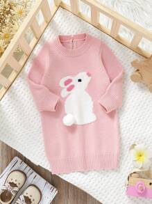 1 件装幼儿女童针织连衣裙，兔子嵌花设计，长袖保暖时尚休闲中长款毛衣裙 - 粉色 - 查看 5