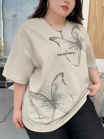 Dazy Plus T-shirt ample à col rond à manches courtes avec imprimé papillon, t-shirt graphique oversize pour le printemps/été