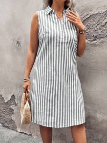 SHEIN LUNE Plus Size Women Striped Print Sleeveless Dress - Black - View 6