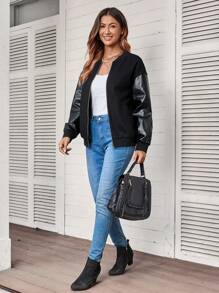 EMERY ROSE 女士拉链拼布撞色长袖街头时尚黑色夹克 - 黑色 - 查看 3