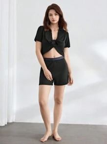 女士夏季字母针织家居裤 - 灰色 - 查看 5