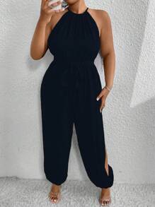 SHEIN LUNE Plus Size Women's Solid Color Simple Open Shoulder Jumpsuit - Navy Blue - View 5