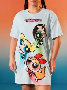 THE POWERPUFF GIRLS X SHEIN Áo thun tay ngắn họa tiết nhân vật dễ thương màu xanh nhạt Y2K cỡ lớn thường ngày - Màu xanh lam - Xem 3
