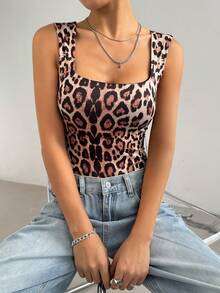 SHEIN EZwear Bộ đồ liền thân không tay họa tiết da báo dành cho nữ - màu nâu - Xem 6