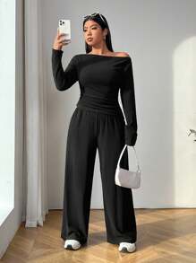 SHEIN EZwear 女士黑色长袖T恤和长裤两件套加大码针织套装 - 黑色 - 查看 7