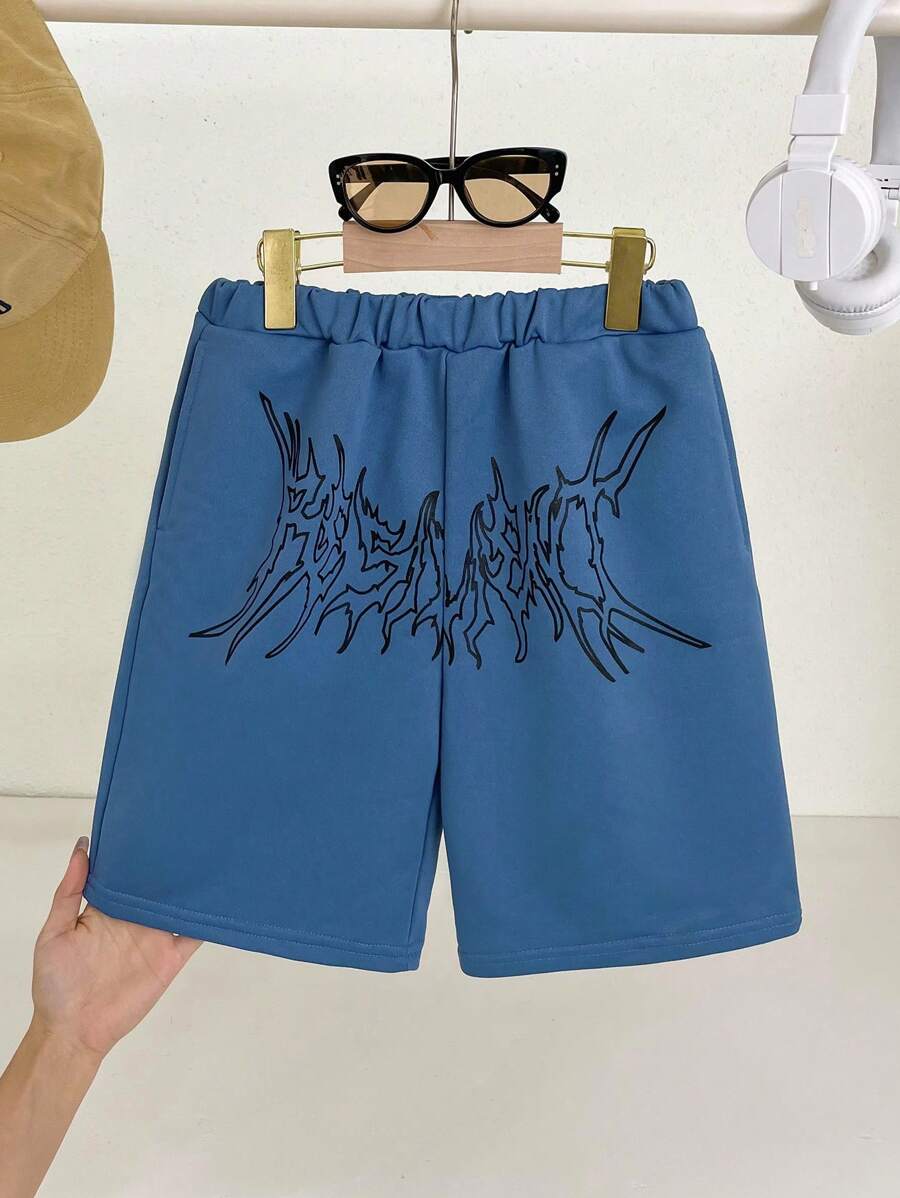 SHEIN 青少年男孩休闲街头风格宽松印花针织短裤 - 霧霾藍 - 查看 1