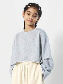 SUMWON Athleisure Essential Drop Shoulder Weekend Loungewear Gym Sport Athletic School Fall Winter Youth Casual Workout Pullover Raw Edge Crop Sweatshirt