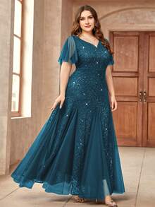 Đầm dạ hội đính sequin ren cổ tim tay bồng, đầm dự tiệc sang trọng, đầm dự tiệc cưới, thích hợp cho sinh nhật, lễ tốt nghiệp, dạ hội mùa xuân. - Màu xanh bụi bặm - Xem 7