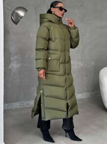 EURMUSE Finger Cut Detailed Cuff, Hooded, Patch Pocket Keeping Warm Puffer Jacket - Khaki - View 6