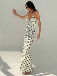 Aloruh 春夏時尚獨特波點印花三維花朵裝飾性感低胸深V領無袖露背人魚裙