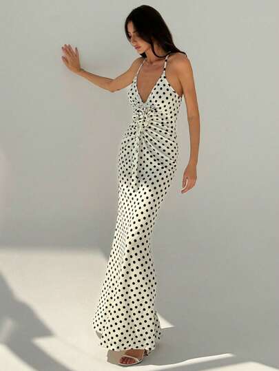 Aloruh 春夏時尚獨特波點印花三維花朵裝飾性感低胸深V領無袖露背人魚裙