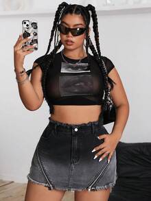 SHEIN ICON 大码女式高腰拼接流苏休闲黑色牛仔短裙 - 黑色 - 查看 5