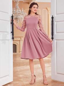 SHEIN Leap Crew Thiếu niên cô gái Đan Màu thuần 3D Hoa Lưới Sợi Viễn cảnh Đầm - Hồng - Xem 4