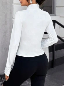 SHEIN EZwear 秋冬白色针织前拉链长袖女外套 - 白色 - 查看 2