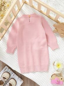 1 件装幼儿女童针织连衣裙，兔子嵌花设计，长袖保暖时尚休闲中长款毛衣裙 - 粉色 - 查看 2