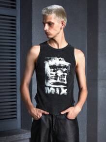 Manfinity UZERO Men's Knitted Printed Casual Short Tank Top With Street Style, Summer Halloween