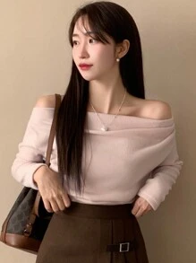 DAZY 女士纯色简约露肩垂坠T恤，适合日常穿着、秋季服装、返校服装长袖女式上衣 - 粉色 - 查看 6