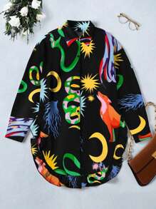 Calvaya Plus Graphic Print Button Front Shirt - Black - View 1