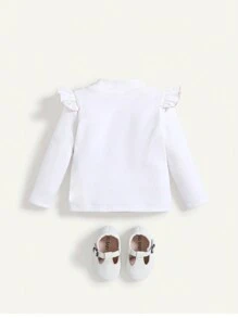 Cozy Pixies Parte superior con cuello de volantes de punto y estampado de corazón para bebé niña - Blanco - Ver 2