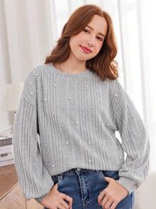 SHEIN Leap Crew Teen Girls' Grey Oversized Ribbed Pearl Embellished Drop Shoulder Sweatshirt,In Fall/Winter - Grey - View 5