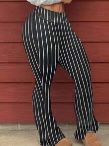 SHEIN Slayr Pantalones acampanados casuales y sencillos de uso diario con estampado de rayas de color contrastante para mujeres