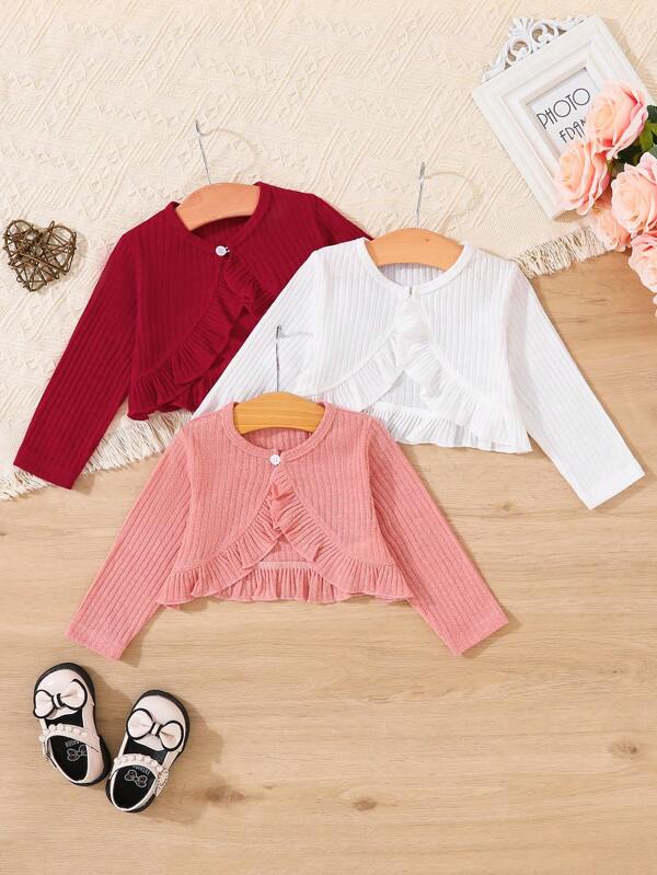 3pcs/Set Baby Girls' Ruffle Trim Long Sleeve Lightweight Jacket, Spring Autumn