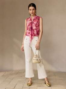 MOTF PREMIUM 雪纺印花系带无袖衬衫 - 粉色 - 查看 5