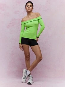 MISSGUIDED Boho Festive St. Patrick'S Day Ribbed Off-Shoulder Long Sleeve Top With Ruffle Trim Perfect For Irish Holiday Celebrations Stylish Fitted Party Wear Christmas - Green - View 4