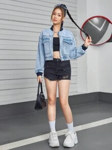 Teenage Girls' Casual Distressed Denim Jacket With Ribbed Splice Design, New Fashion Jean Coat - Medium Wash - View 3