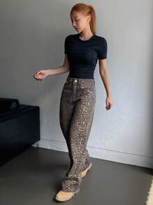 DAZY Fashionable Leopard Print Straight-Leg Jeans - Brown - View 7