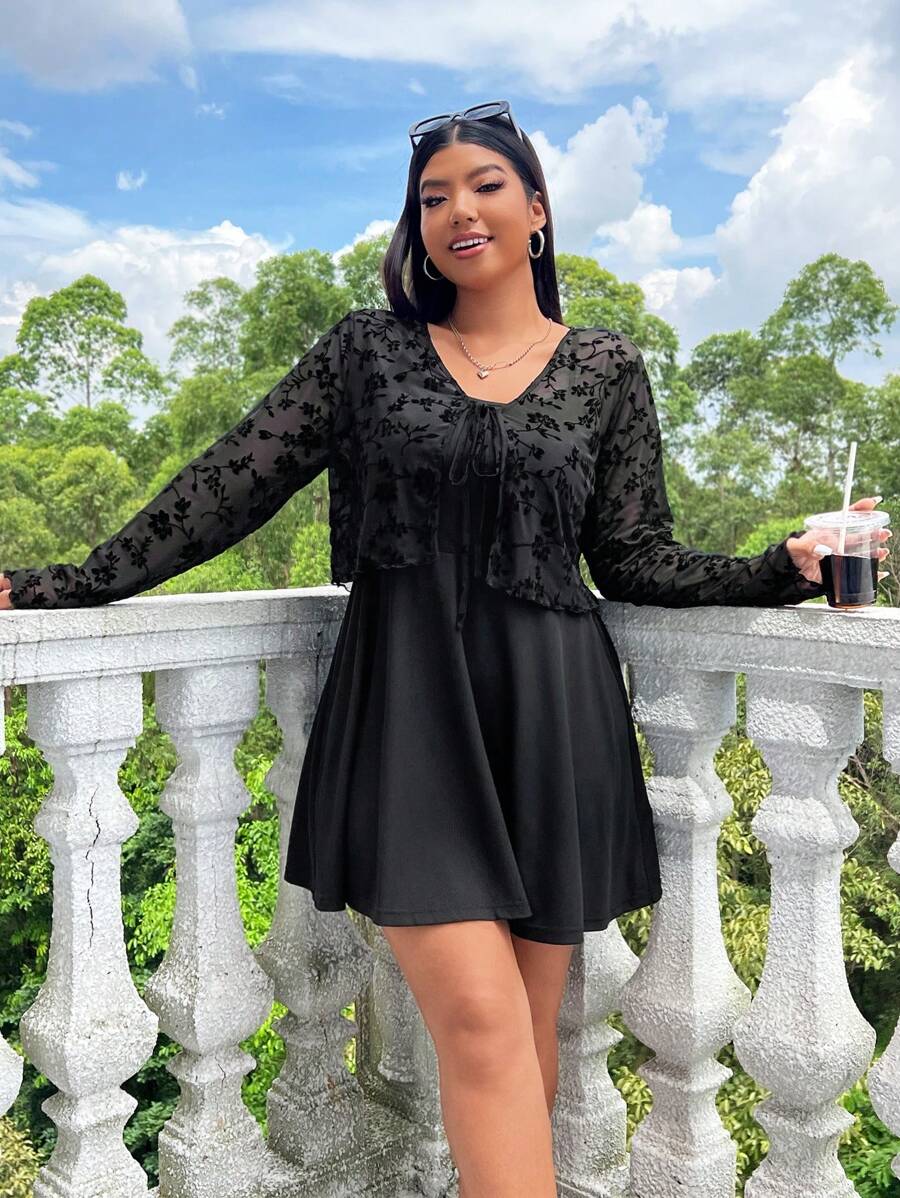 SHEIN EZwear Plus Size Women's Cardigan And Slip Dress 2pcs Set - Black - View 1