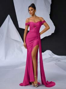 Glamrae Elegant Off Shoulder Ruched Bodycon High Slit Fishtail Maxi Evening Dress With Train, Formal Gown, For Wedding Guest, Graduation, Dinner Party Dress - Hot Pink - View 6
