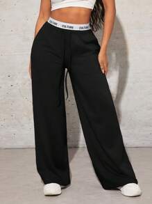 SHEIN SXY Women's Simple Letter Print Patchwork Casual Wide Leg Black Sweatpants - Black - View 5