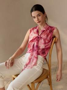 MOTF PREMIUM 雪纺印花系带无袖衬衫 - 粉色 - 查看 8