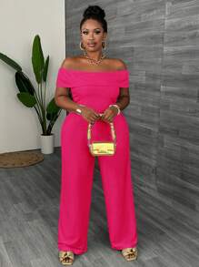 Slaydiva Plus Size Elegant Solid Color Off-Shoulder Slim Fit Jumpsuit For Women, White, Summer