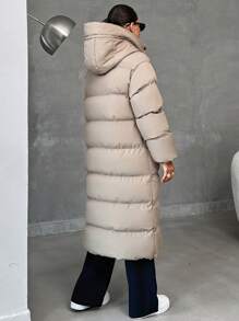 EURMUSE Zip Up Hooded Long Puffer Coat - Beige - View 2