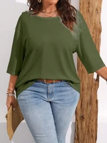 大码女式纯色圆领长袖 T 恤 - 橄欖綠 - 查看 2