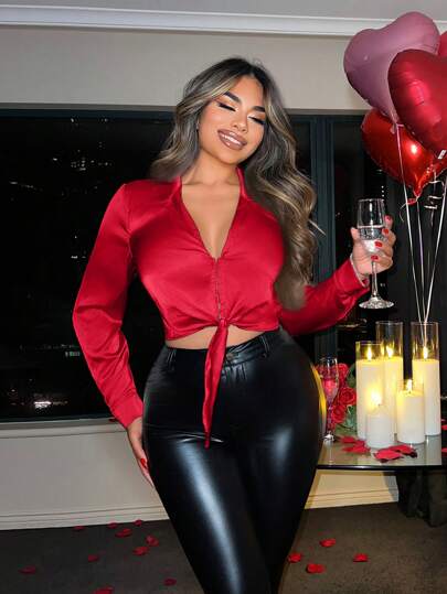 SHEIN SXY Women Solid Color Long Sleeve Minimalist Casual Top